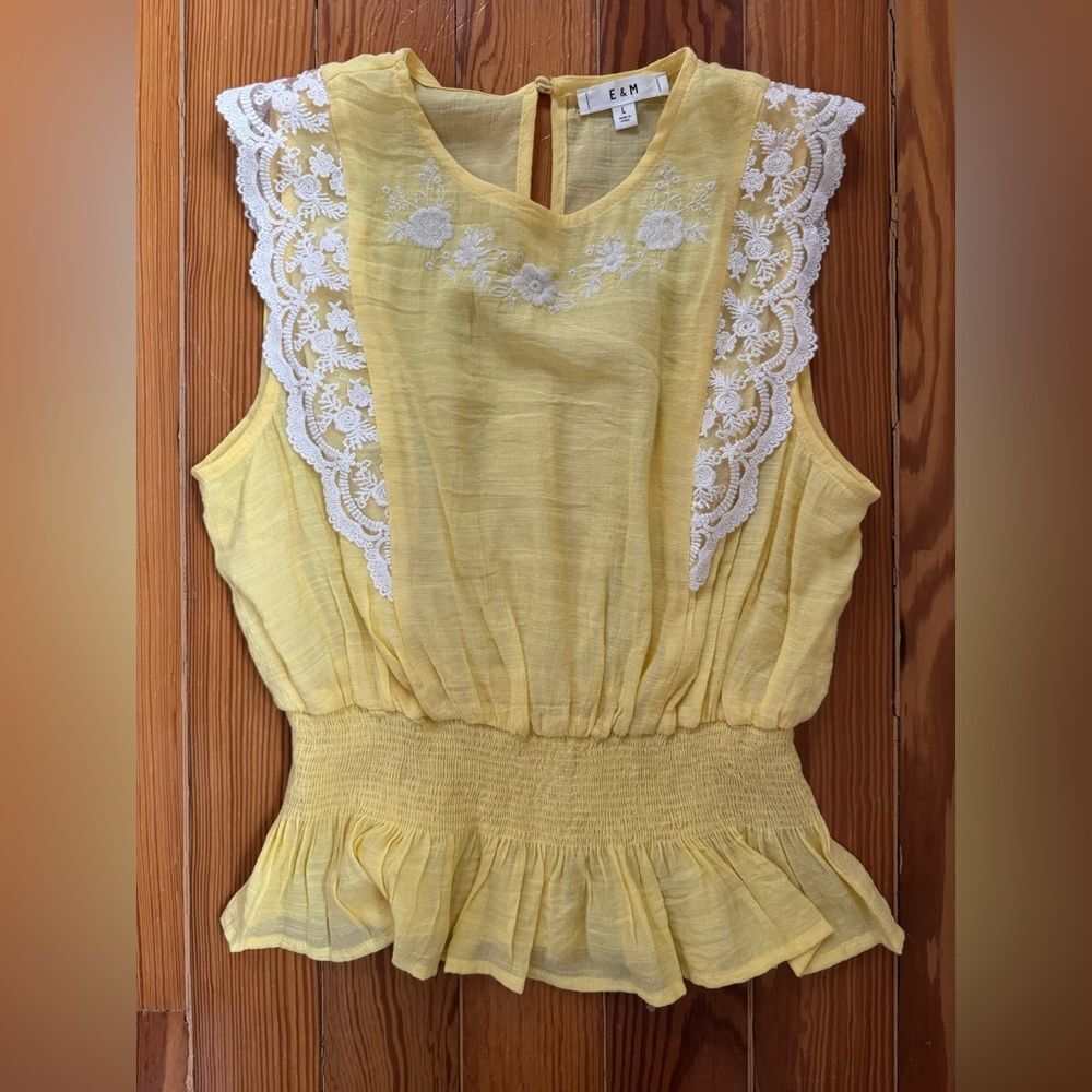 E&M Yellow Lace Trim Top